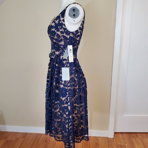 NWT Eliza J Navy Lace Illusion dress Fit & Flare Belted Cocktail sleeveless Sz 4 - Picture 7 of 16